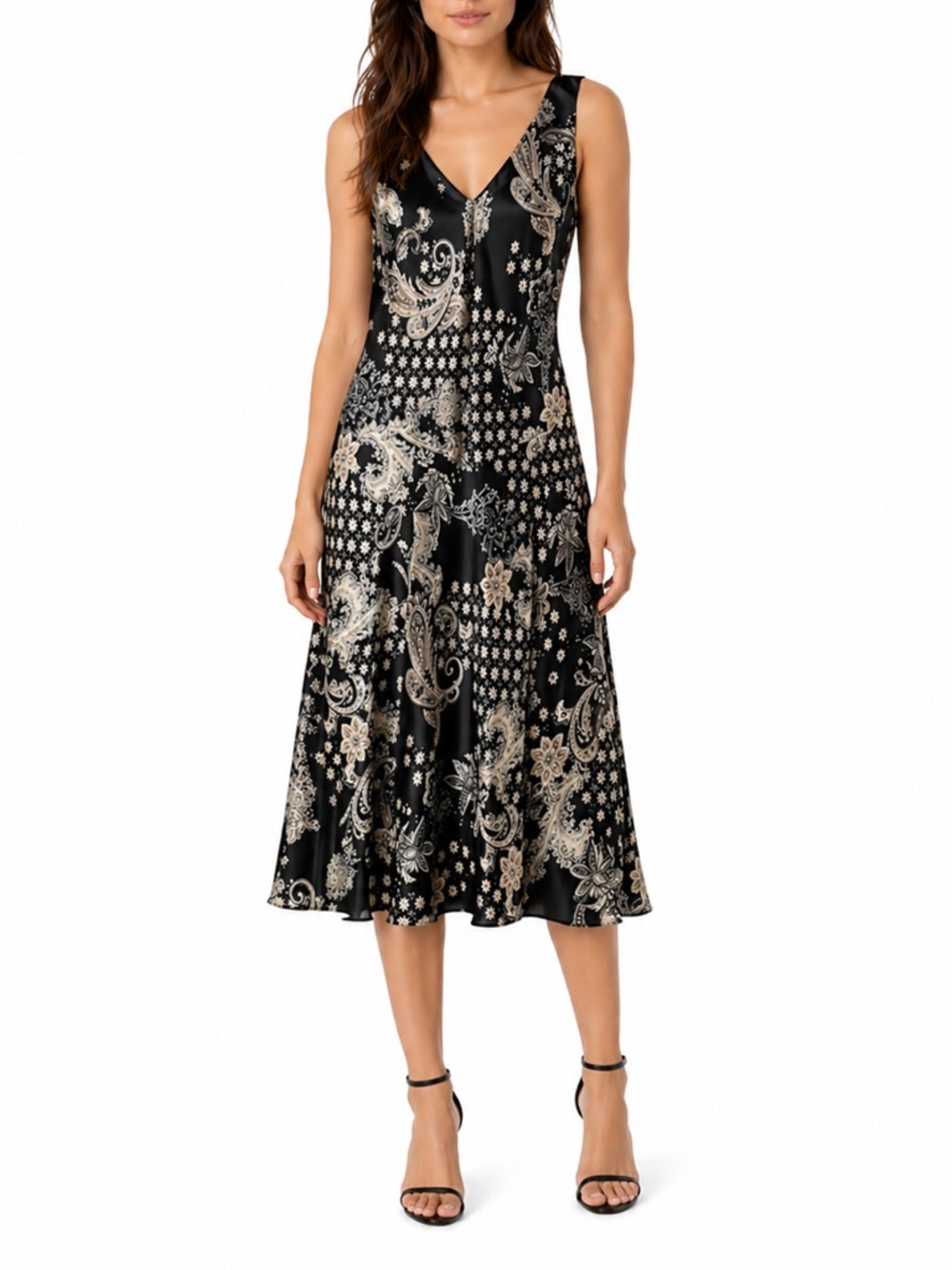 Y2K Evan-Picone Black White Paisley Floral Sleeveless V-Neck Maxi Dress Size‎ 6
